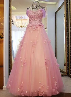 Gorgeous Pink Flowers Off Shoulder Party Dress, Pink Formal Dress Ball Gown Formal Dress