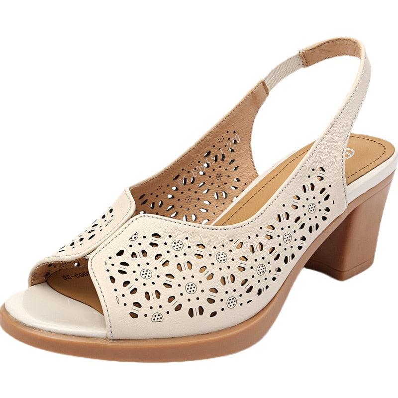 GQ249 Elegant Leather Thick-Heeled Sandals - Women's Casual Shoes