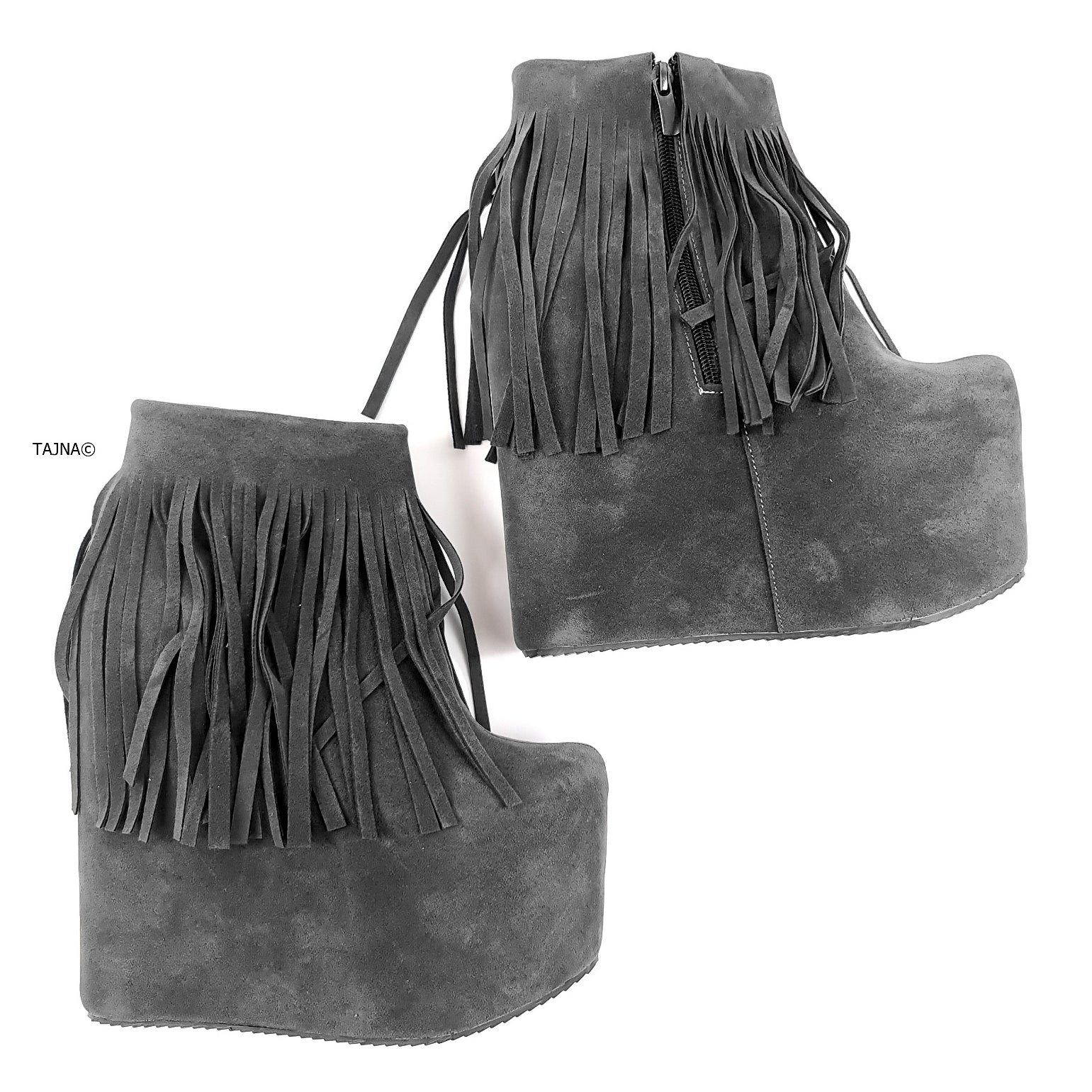 Gray Fringe Wedge Platform Boots