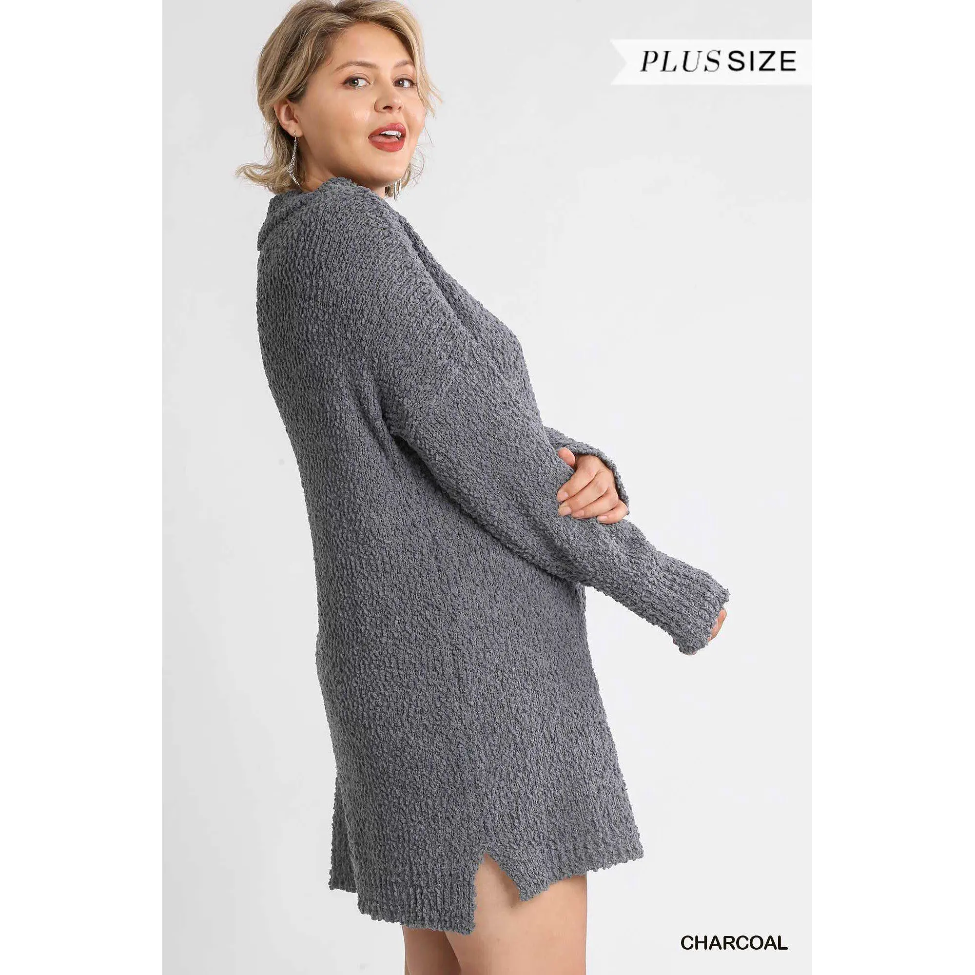 High Cowl Neck Bouclé Long Sleeve Sweater Dress