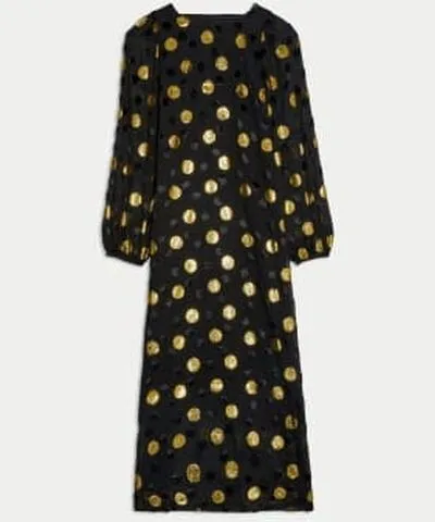 Jaeger Womens Polka Dot Blouson Sleeve Midi Column Dress