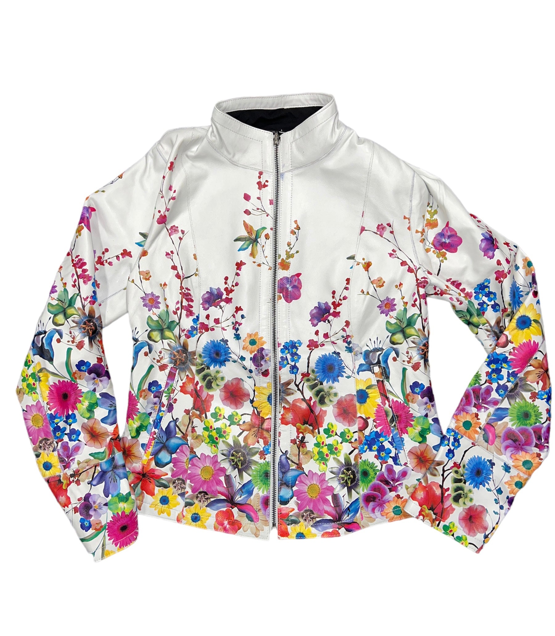 Leather Floral Print Zip Jacket