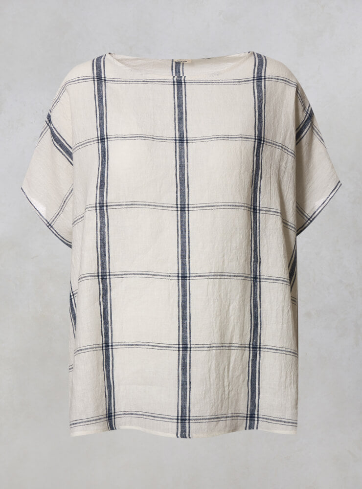 Linen Checked Top in Latte Blu