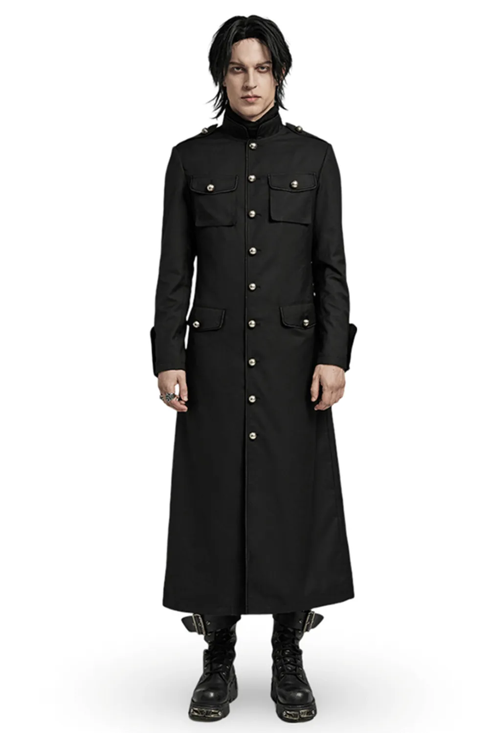 Long Black Military-Style Trench Coat for Men