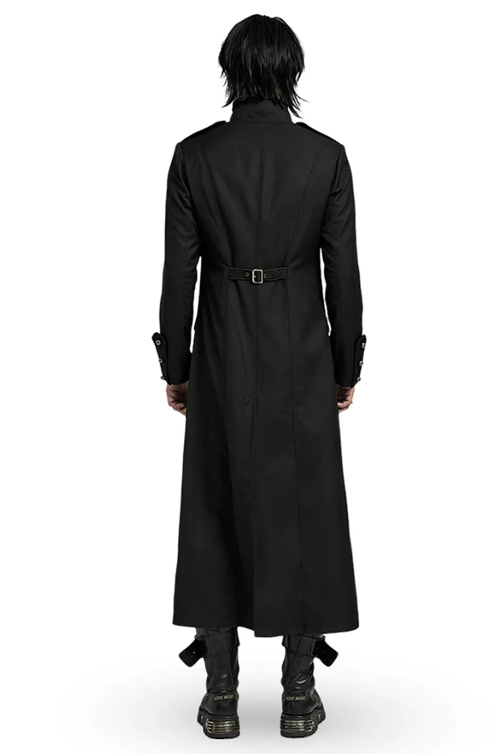 Long Black Military-Style Trench Coat for Men