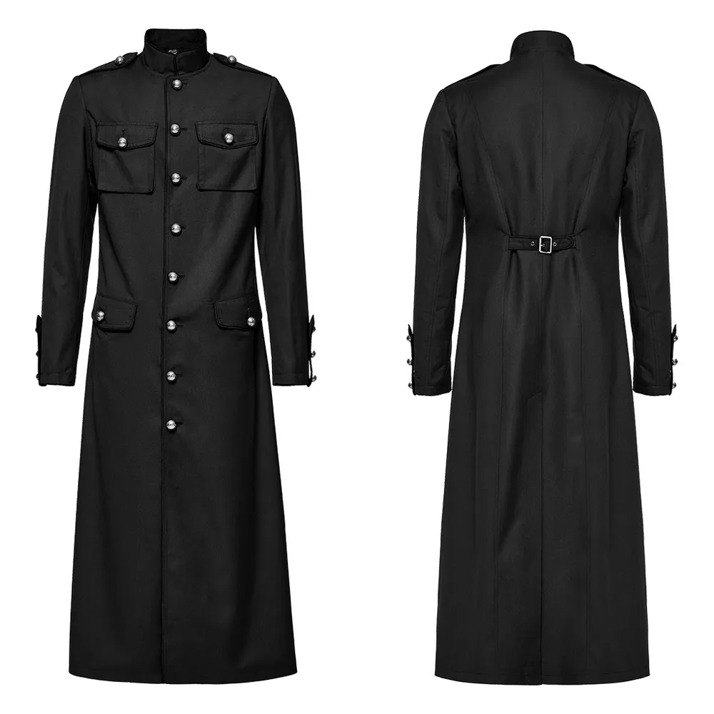 Long Black Military-Style Trench Coat for Men