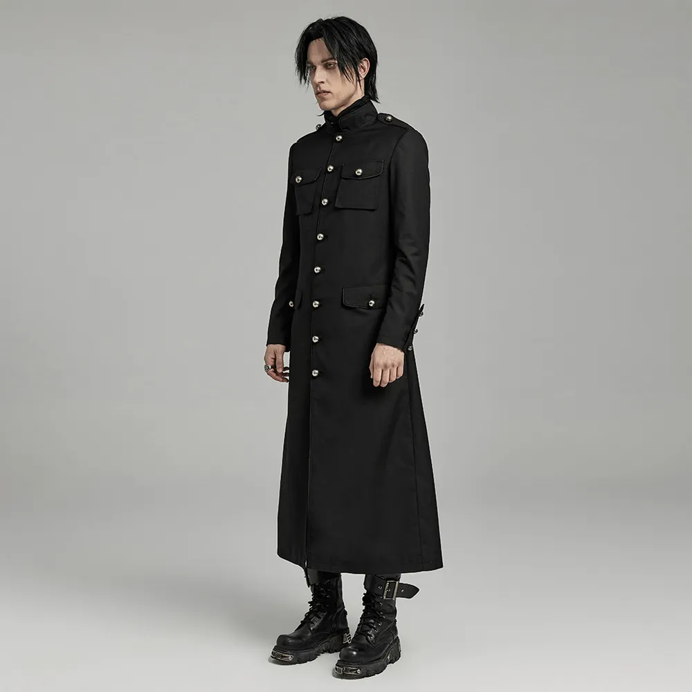 Long Black Military-Style Trench Coat for Men