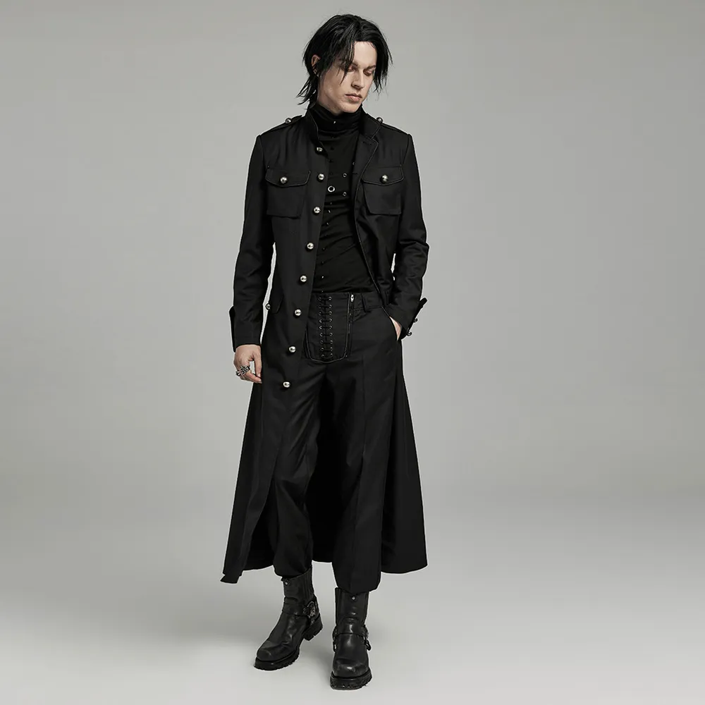 Long Black Military-Style Trench Coat for Men