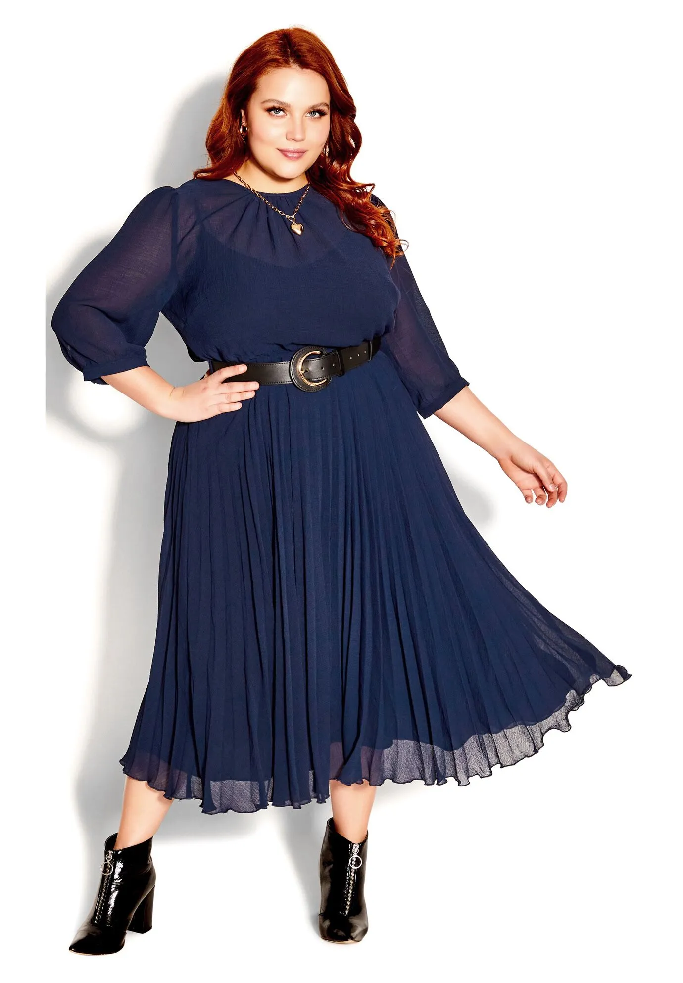 Love Pleat Elbow Sleeve Dress - navy