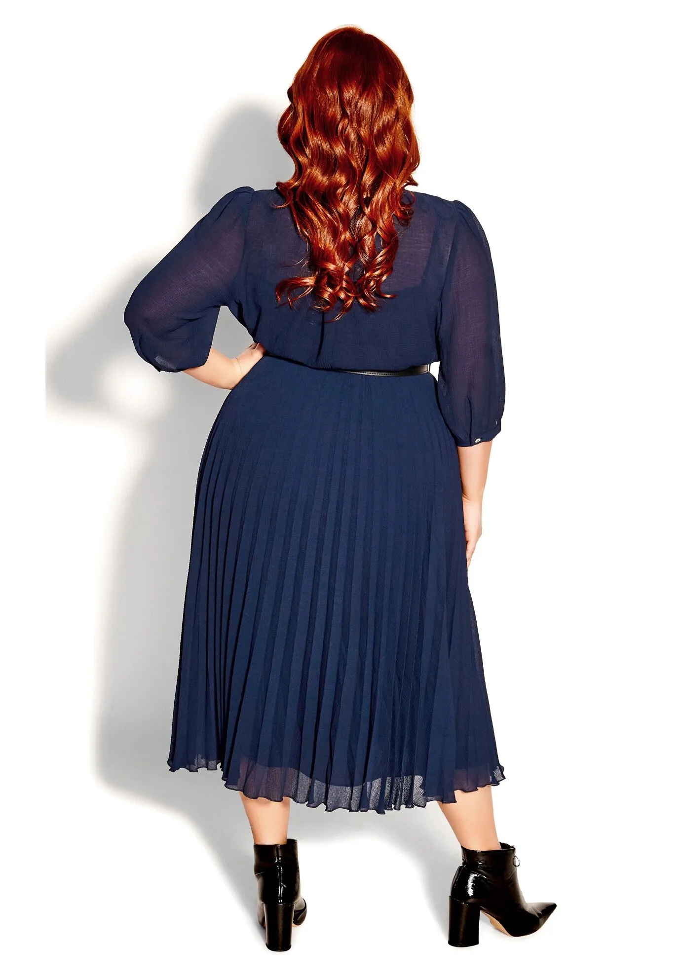 Love Pleat Elbow Sleeve Dress - navy