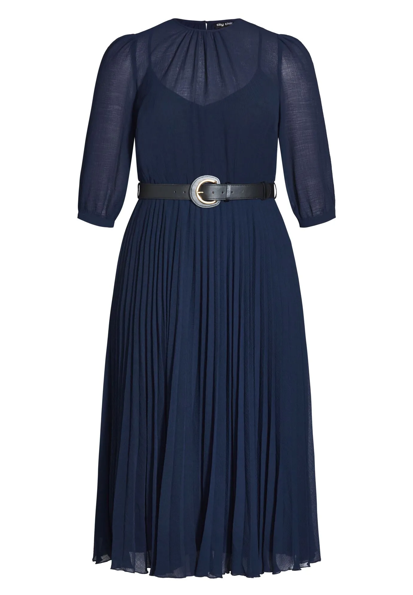 Love Pleat Elbow Sleeve Dress - navy