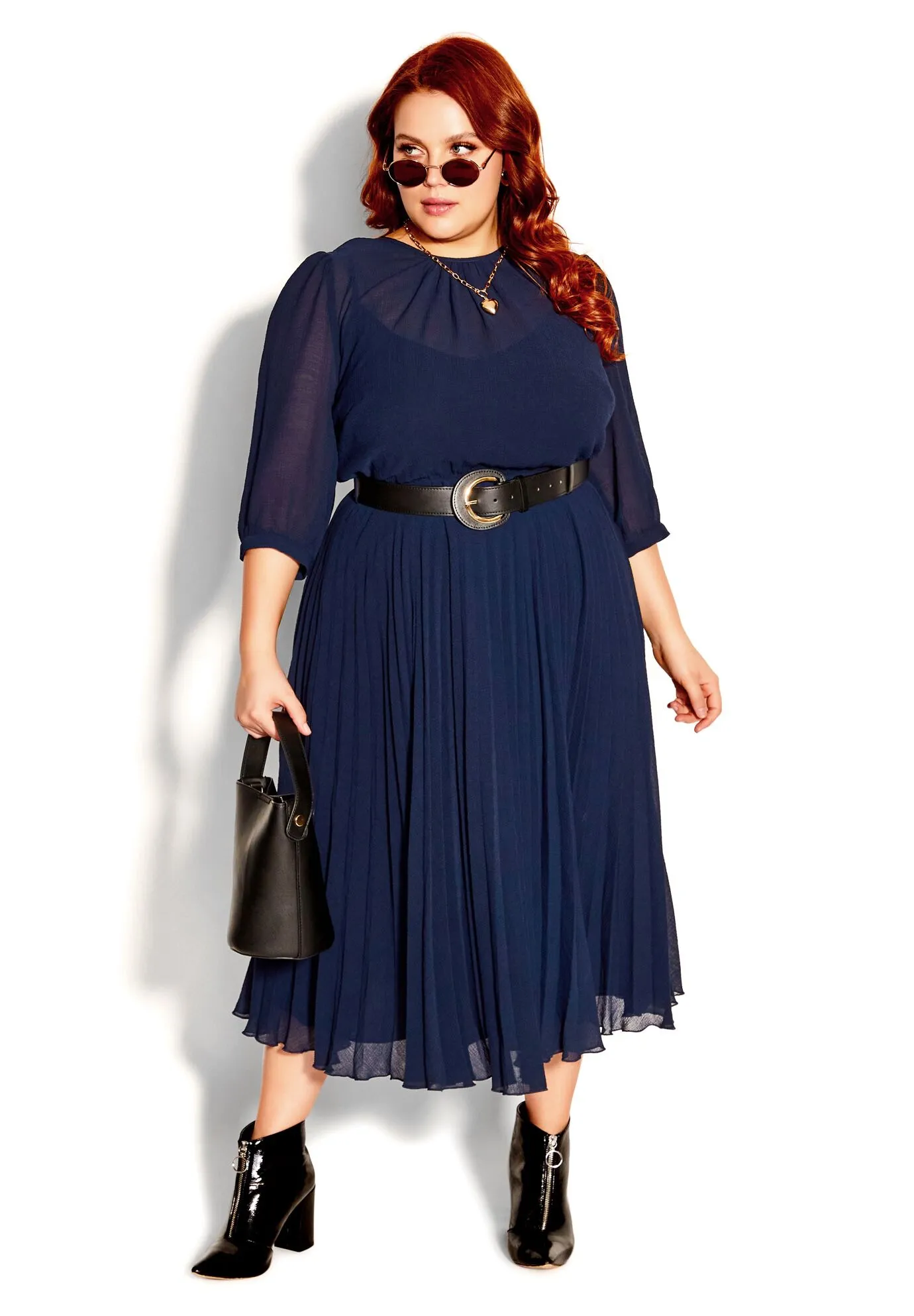 Love Pleat Elbow Sleeve Dress - navy