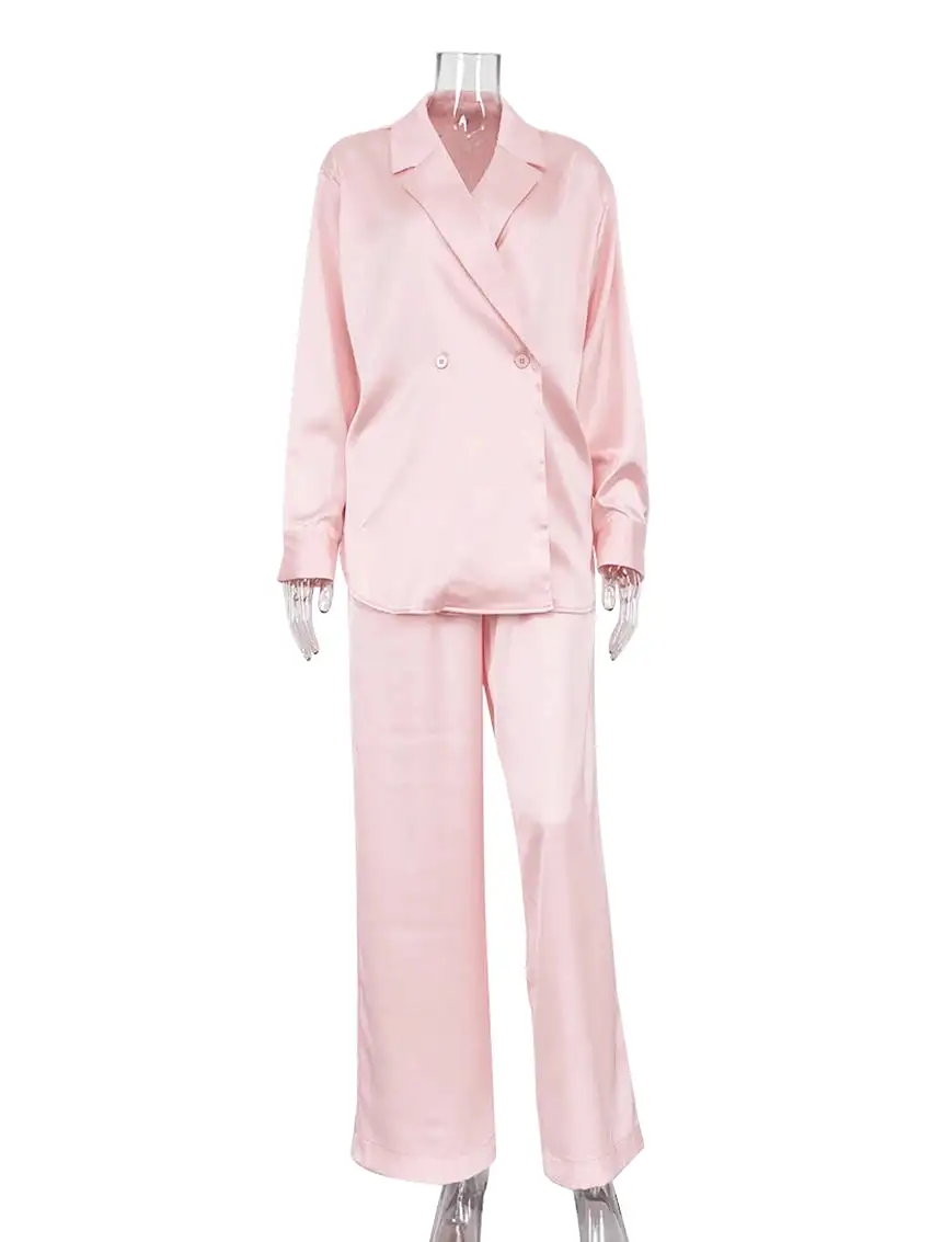 Matching Sets Loose Pink Satin Pants Sets For Women