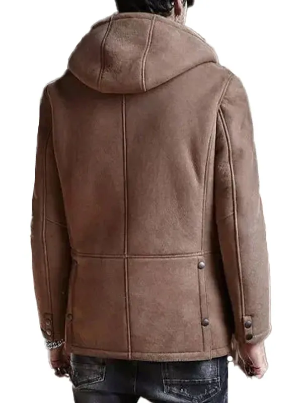 Men’s Shearling Hooded Suede Leather Bomber Long Trench Coat