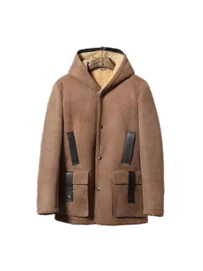 Men’s Shearling Hooded Suede Leather Bomber Long Trench Coat