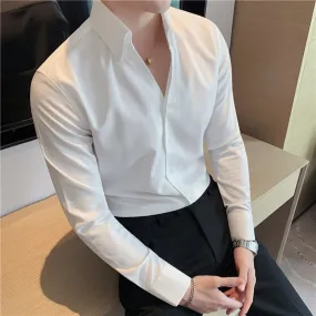 Men's Casual Solid Turn-down Collar V Neck Streetwear Long Sleeve Shirt