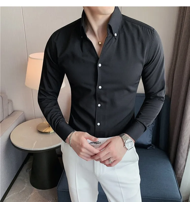 Men's Casual Solid Turn-down Collar V Neck Streetwear Long Sleeve Shirt