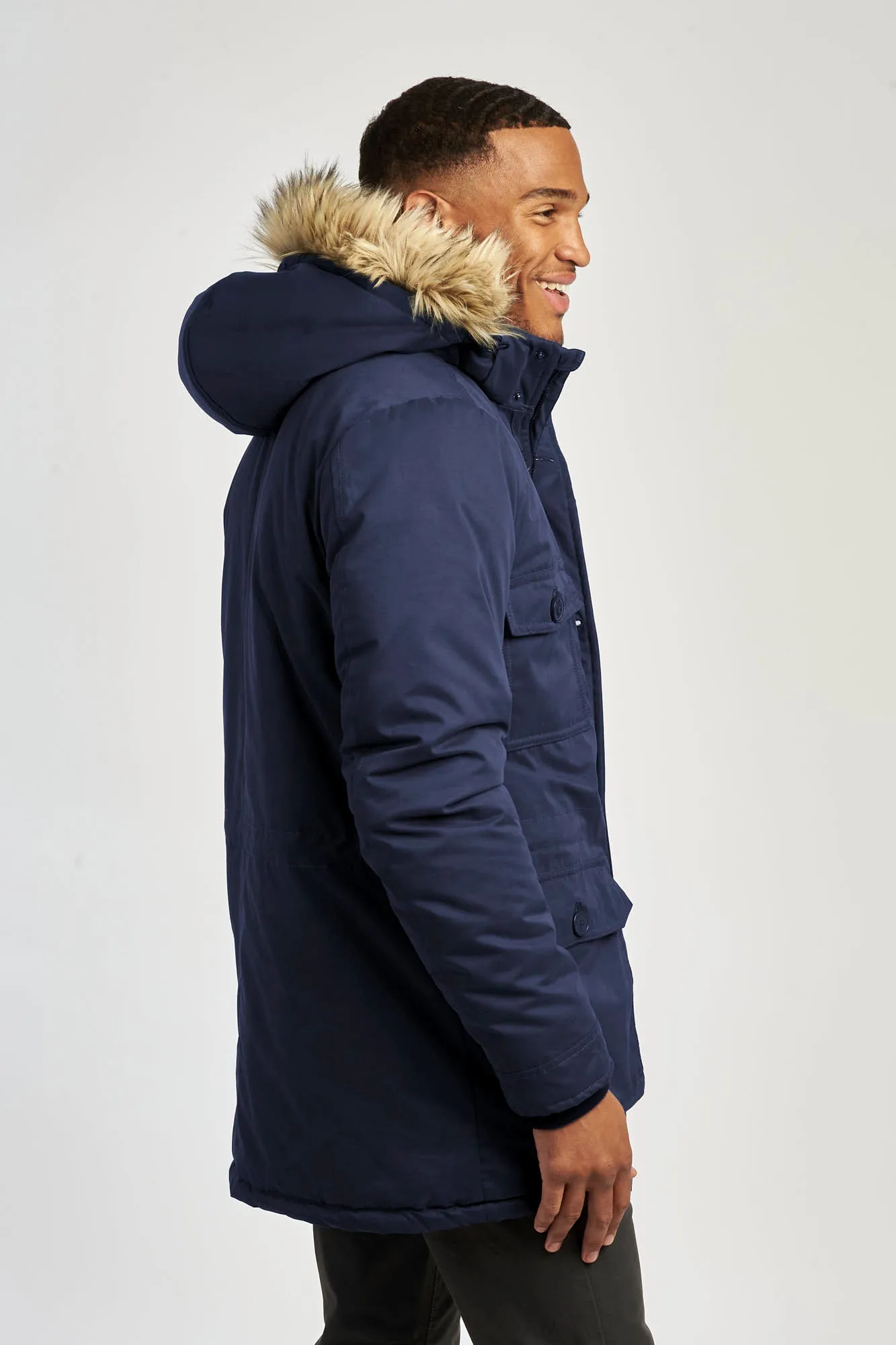 Mens Hooded Parka Coat in Navy Blue