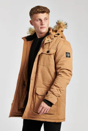 Mens Hooded Parka Coat in Tobacco Brown