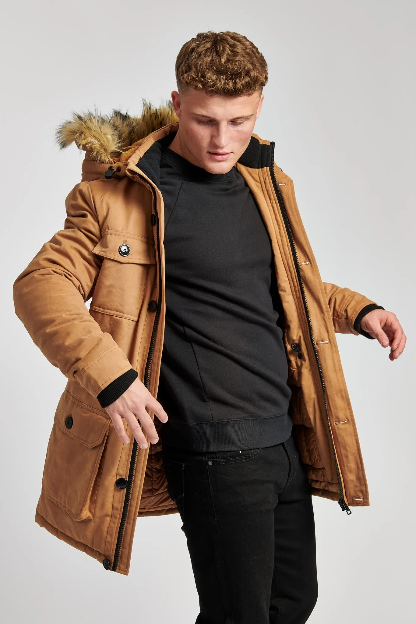 Mens Hooded Parka Coat in Tobacco Brown