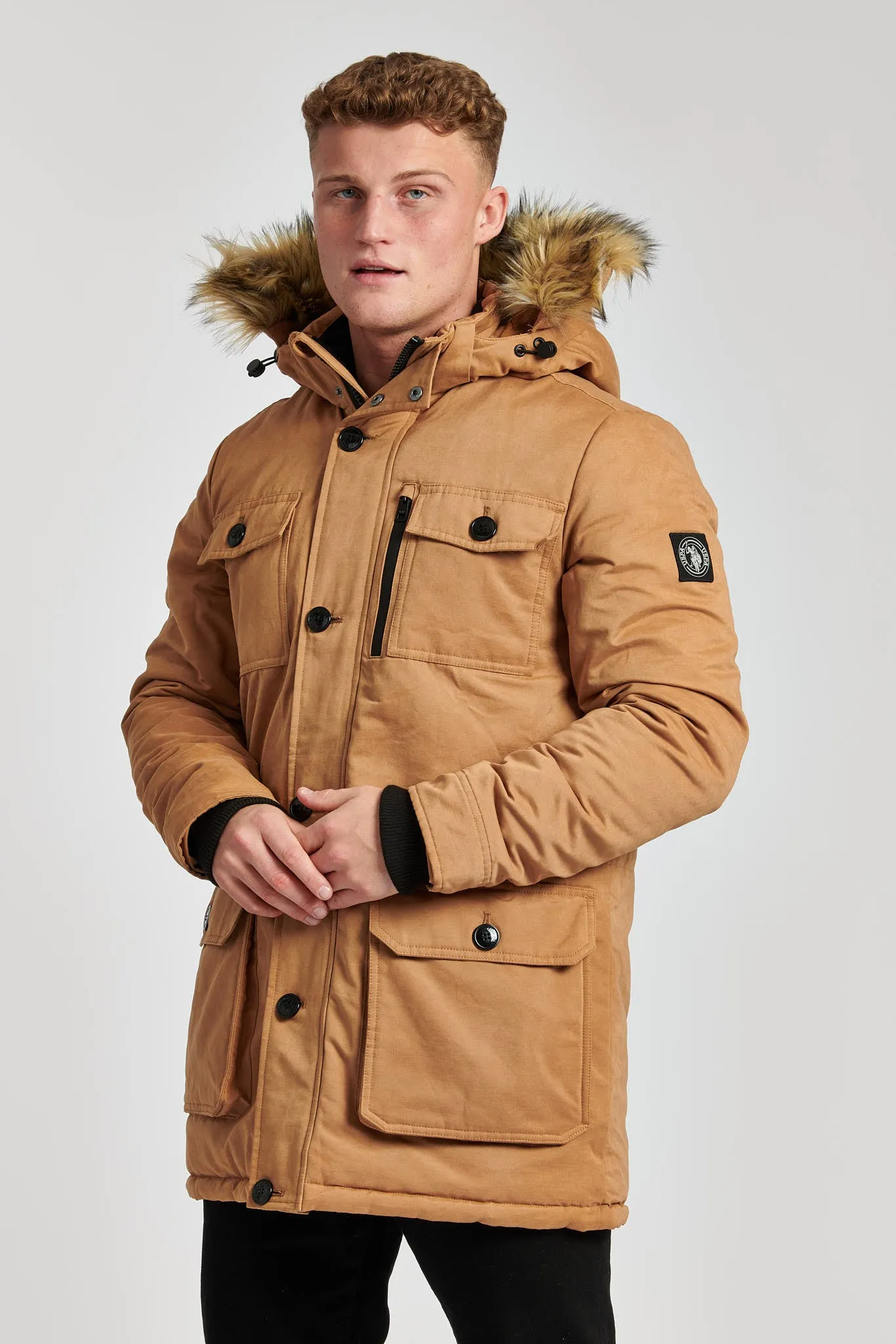 Mens Hooded Parka Coat in Tobacco Brown