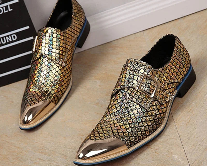 Men's Leather Snake Pattern Buckle Pointed Toe Luxury Formal Dress Shoes