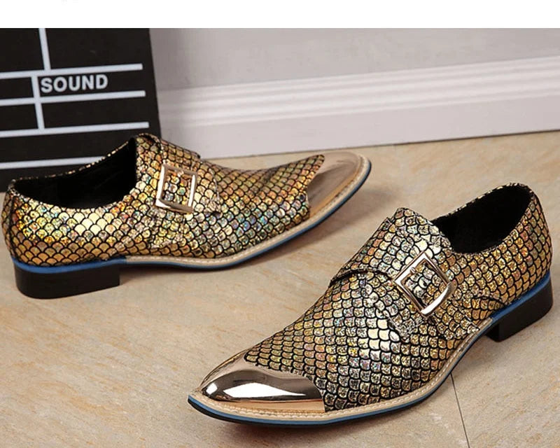 Men's Leather Snake Pattern Buckle Pointed Toe Luxury Formal Dress Shoes