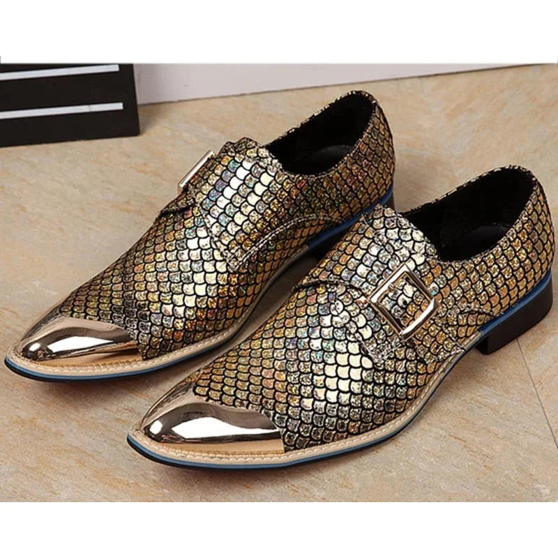 Men's Leather Snake Pattern Buckle Pointed Toe Luxury Formal Dress Shoes