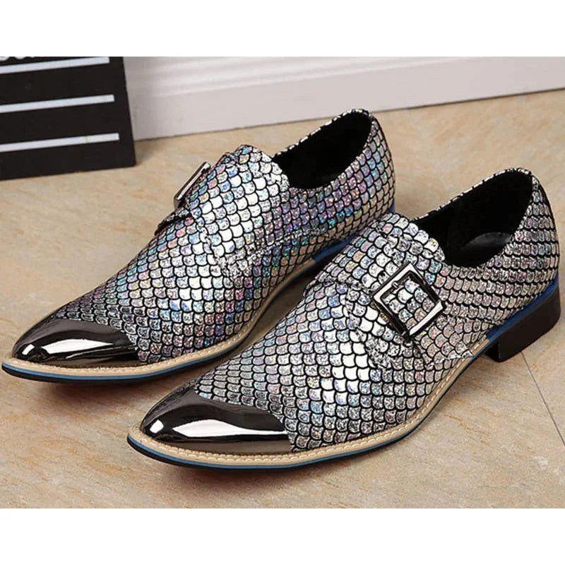 Men's Leather Snake Pattern Buckle Pointed Toe Luxury Formal Dress Shoes