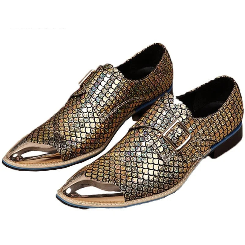 Men's Leather Snake Pattern Buckle Pointed Toe Luxury Formal Dress Shoes