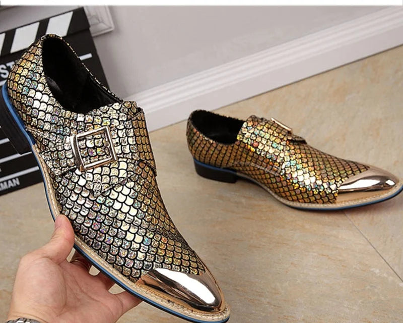 Men's Leather Snake Pattern Buckle Pointed Toe Luxury Formal Dress Shoes