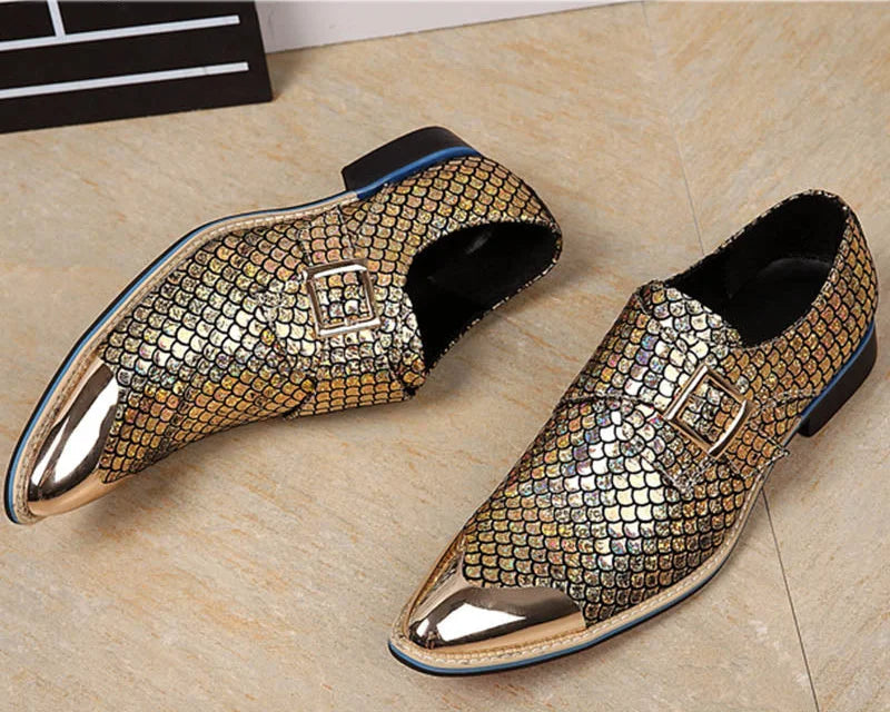 Men's Leather Snake Pattern Buckle Pointed Toe Luxury Formal Dress Shoes