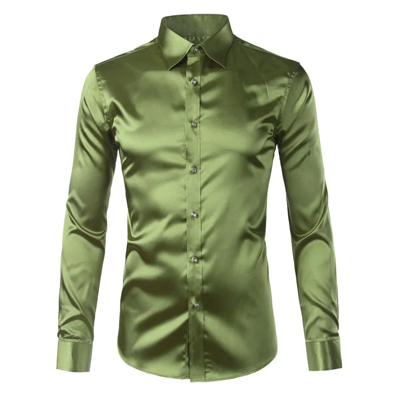 Men's Luxury Satin Silk Turn-down Collar Long Sleeve Party Casual Shirts