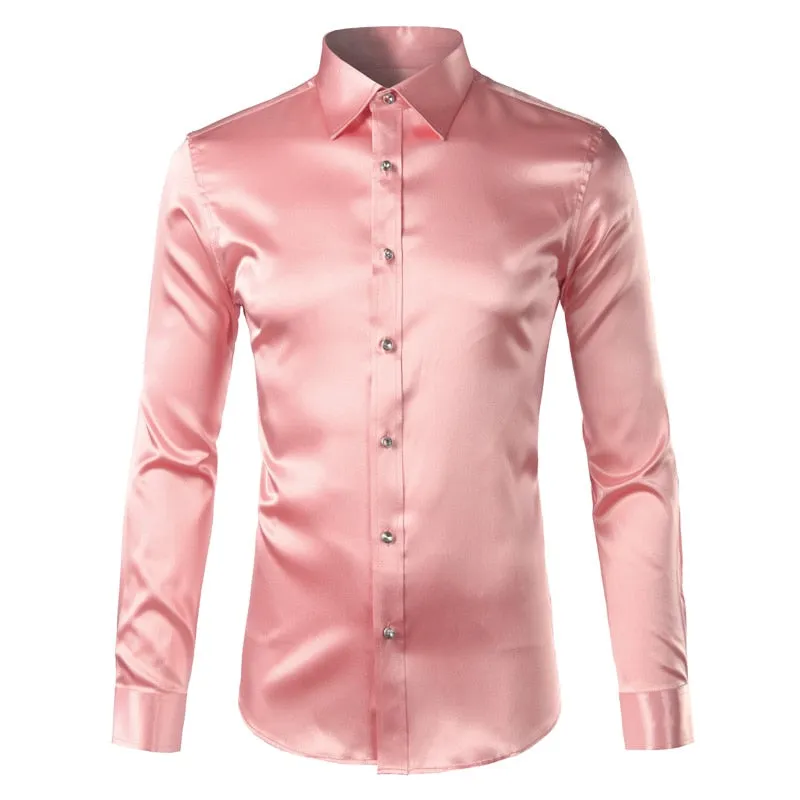 Men's Luxury Satin Silk Turn-down Collar Long Sleeve Party Casual Shirts