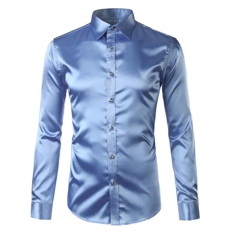 Men's Luxury Satin Silk Turn-down Collar Long Sleeve Party Casual Shirts