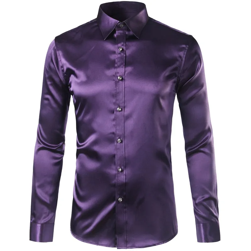 Men's Luxury Satin Silk Turn-down Collar Long Sleeve Party Casual Shirts