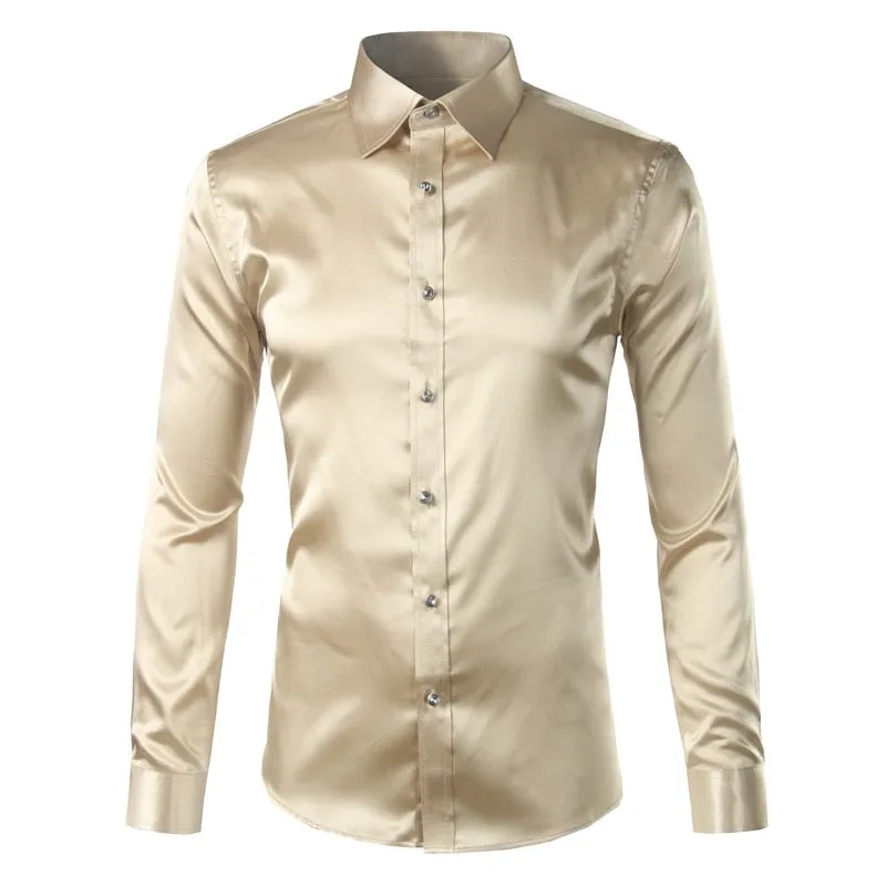 Men's Luxury Satin Silk Turn-down Collar Long Sleeve Party Casual Shirts