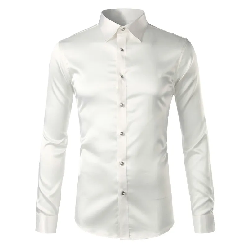 Men's Luxury Satin Silk Turn-down Collar Long Sleeve Party Casual Shirts