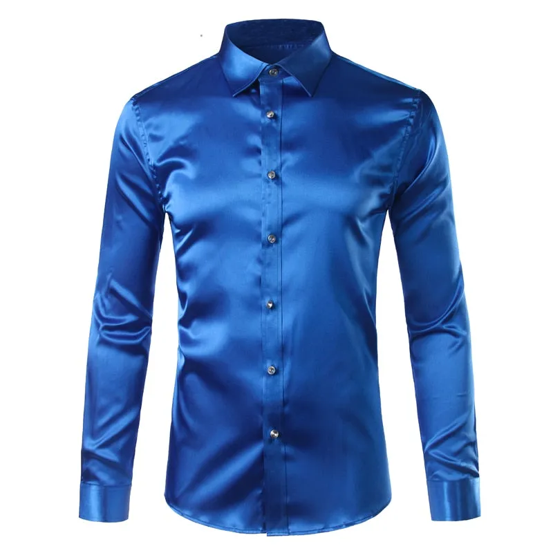 Men's Luxury Satin Silk Turn-down Collar Long Sleeve Party Casual Shirts