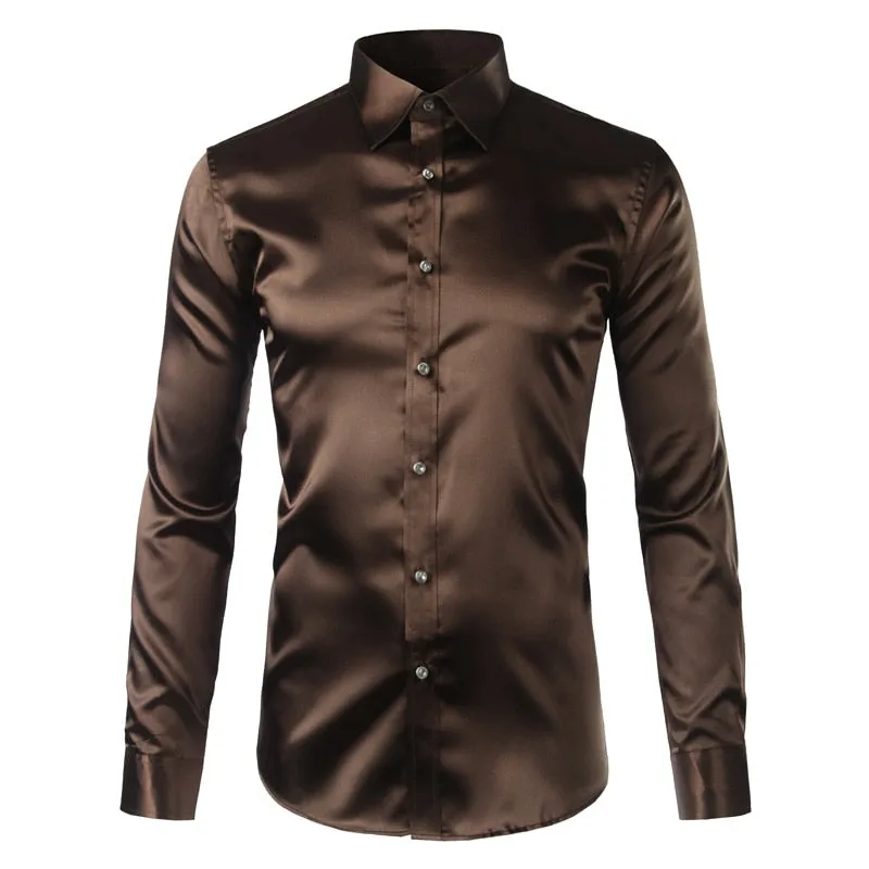 Men's Luxury Satin Silk Turn-down Collar Long Sleeve Party Casual Shirts