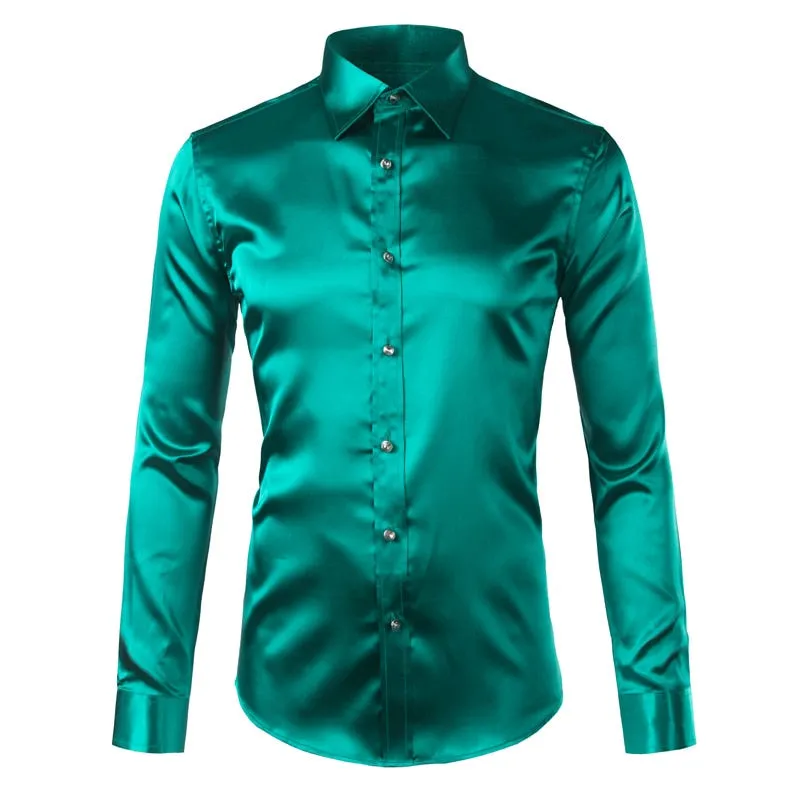 Men's Luxury Satin Silk Turn-down Collar Long Sleeve Party Casual Shirts