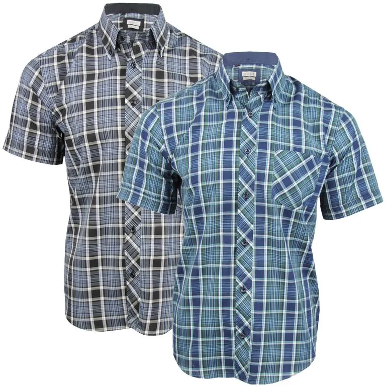 Mens Short Sleeve Check Shirt Button Down Collar Slim Fit By Xact