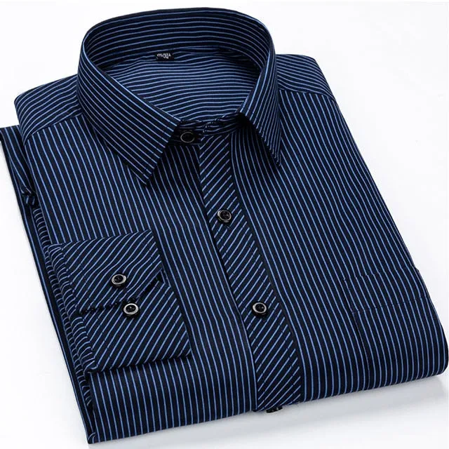 Men's Standard-fit Striped Turn-down Collar Single Pocket Long Sleeve Shirt