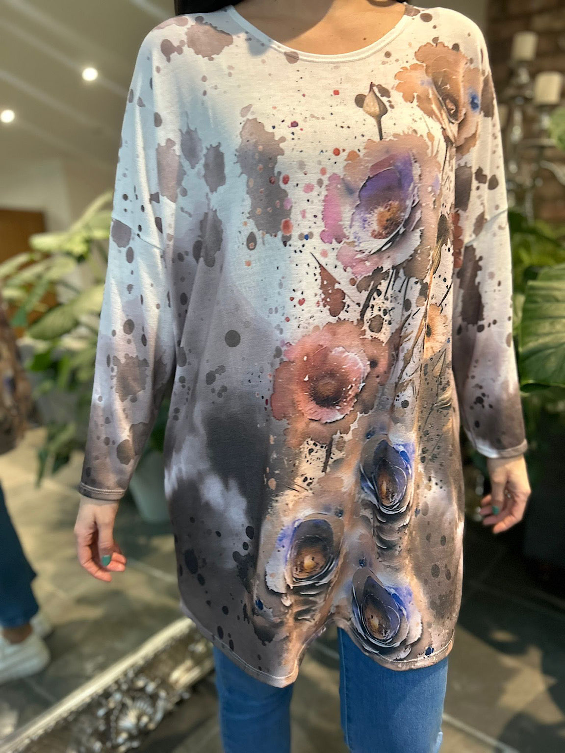 Mocha Floral Colour Splash Tunic Pria