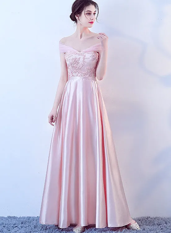 Pink Off Shoulder Lace and Satin Evening Dress, Pink Long Prom Dresss