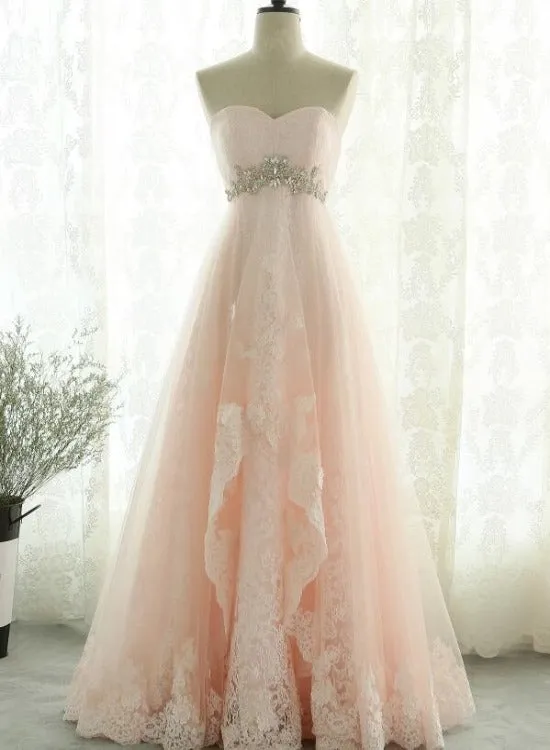 Pink Sweetheart Lace and Beaded Long Prom Dress, Pink Tulle Evening Dress