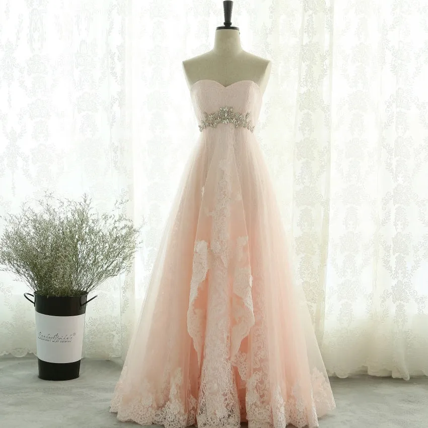 Pink Sweetheart Lace and Beaded Long Prom Dress, Pink Tulle Evening Dress