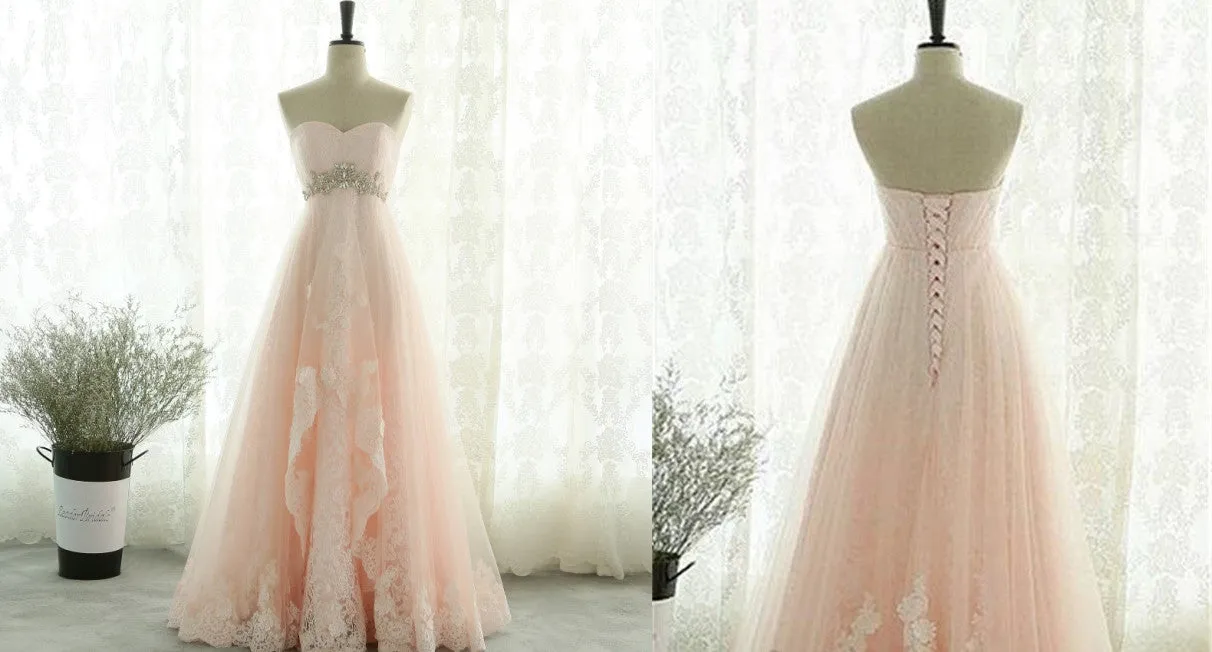 Pink Sweetheart Lace and Beaded Long Prom Dress, Pink Tulle Evening Dress