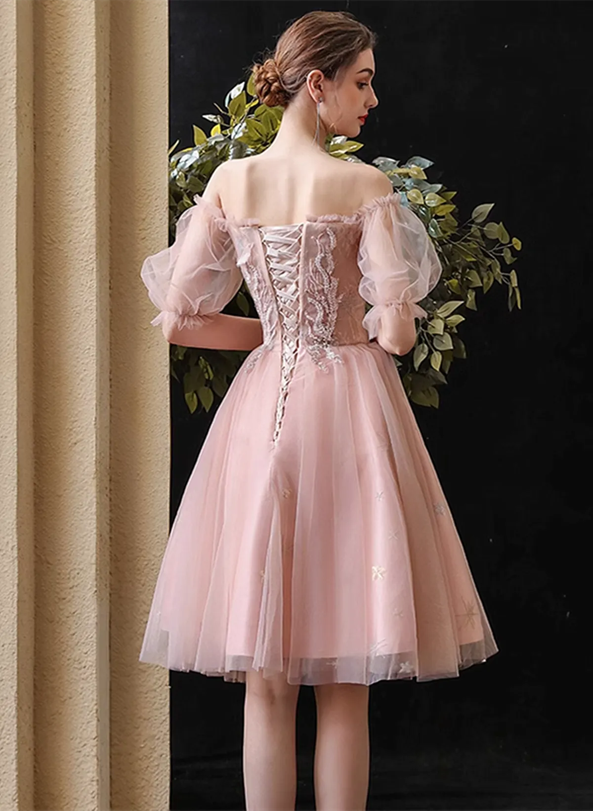 Pink Sweetheart Off Shoulder Knee Length Party Dress, Pink Tulle Homecoming Dress