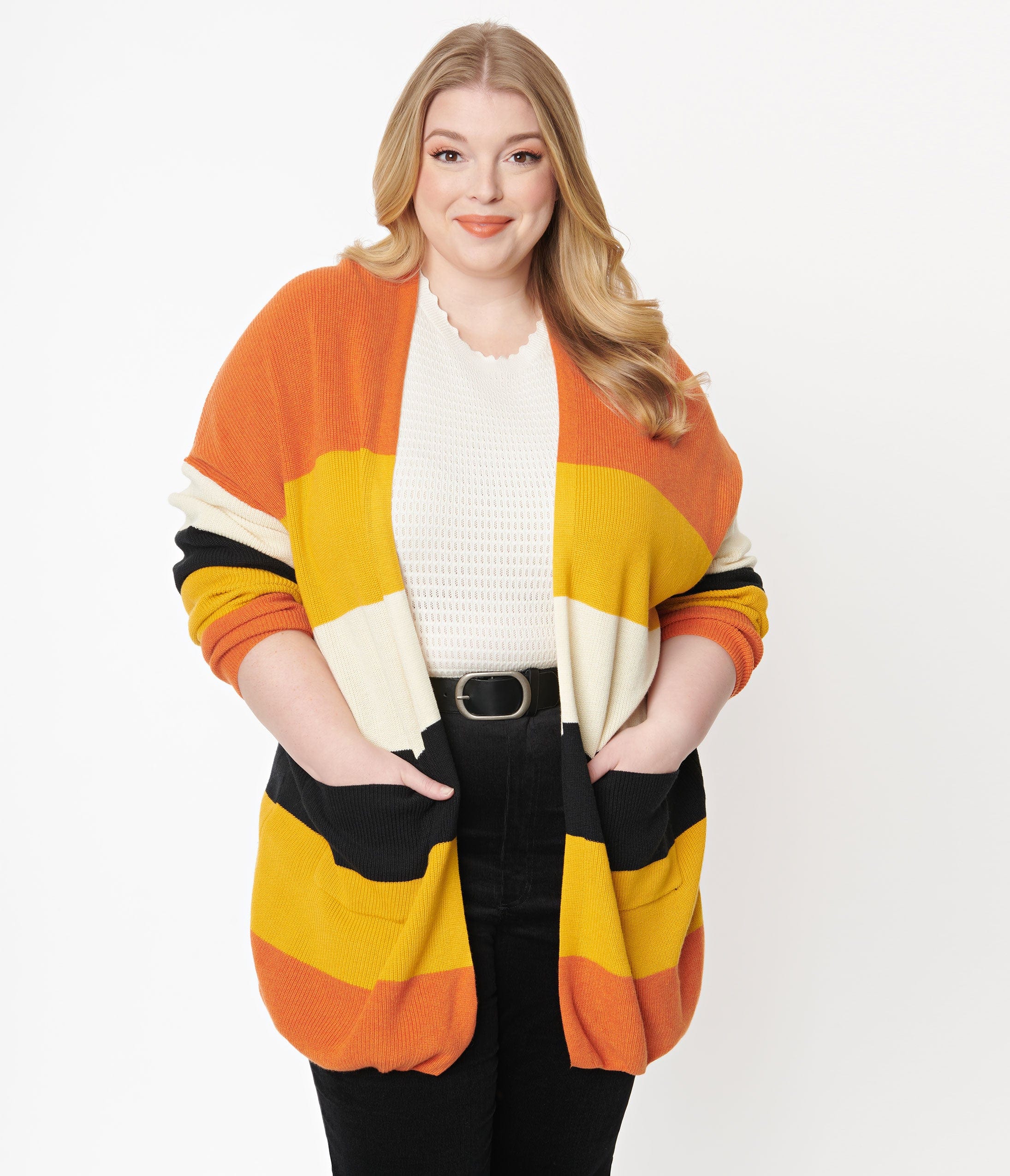 Plus Size Fall Stripe Open Cotton Knit Cardigan